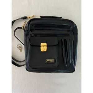 Vintage 90s/Y2K Porox Black Vegan Leather Lock & Key Crossbody Retro Travel Bag